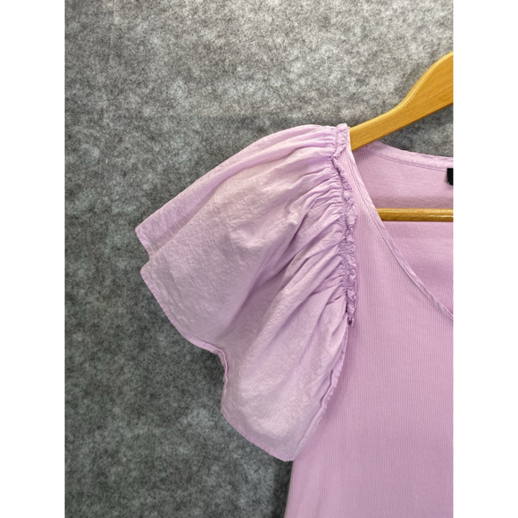 1. State Women's Pink Flutter Sleeve Ribbed Top Blouse Small Ruched Shoulders - Picture 2 of 8